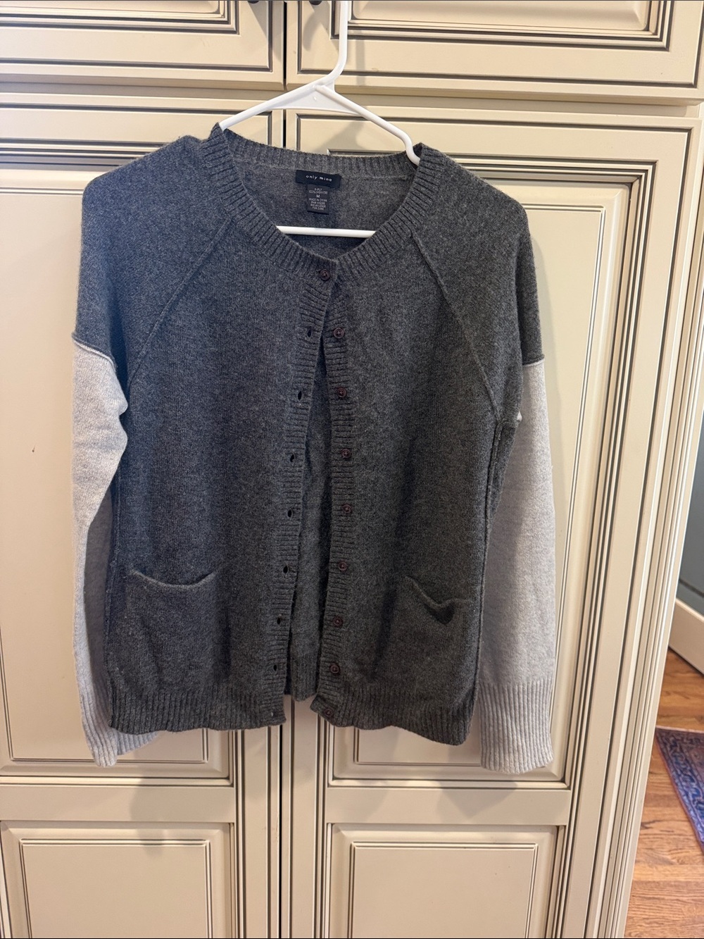 Only Mine Heather 2 ply cashmere, and 2 tone gray. Button down cardigan.
